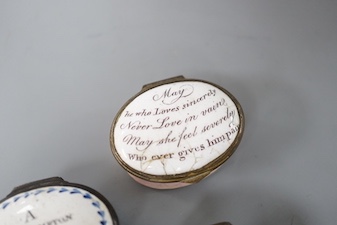 Three South Staffordshire enamel patch boxes, late 18th century, 4.3cm